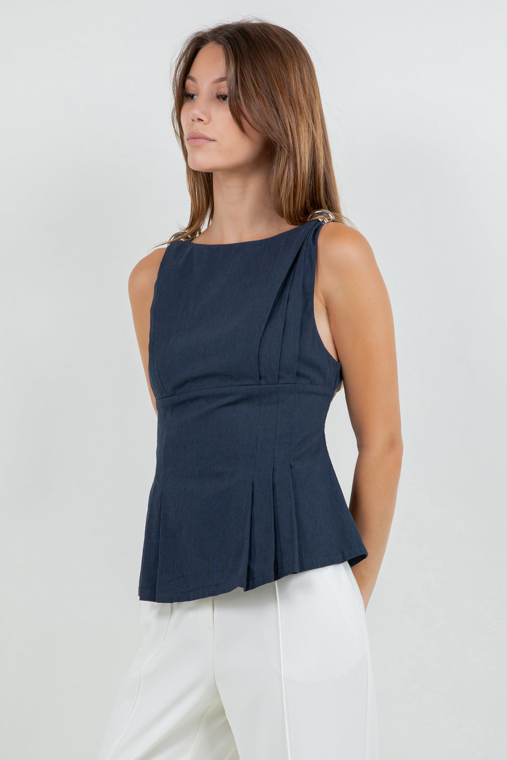 METALLIC ACCENT SOFT WOVEN SLEEVELESS BOUSE - NAVY - Whiteroom+Cactus