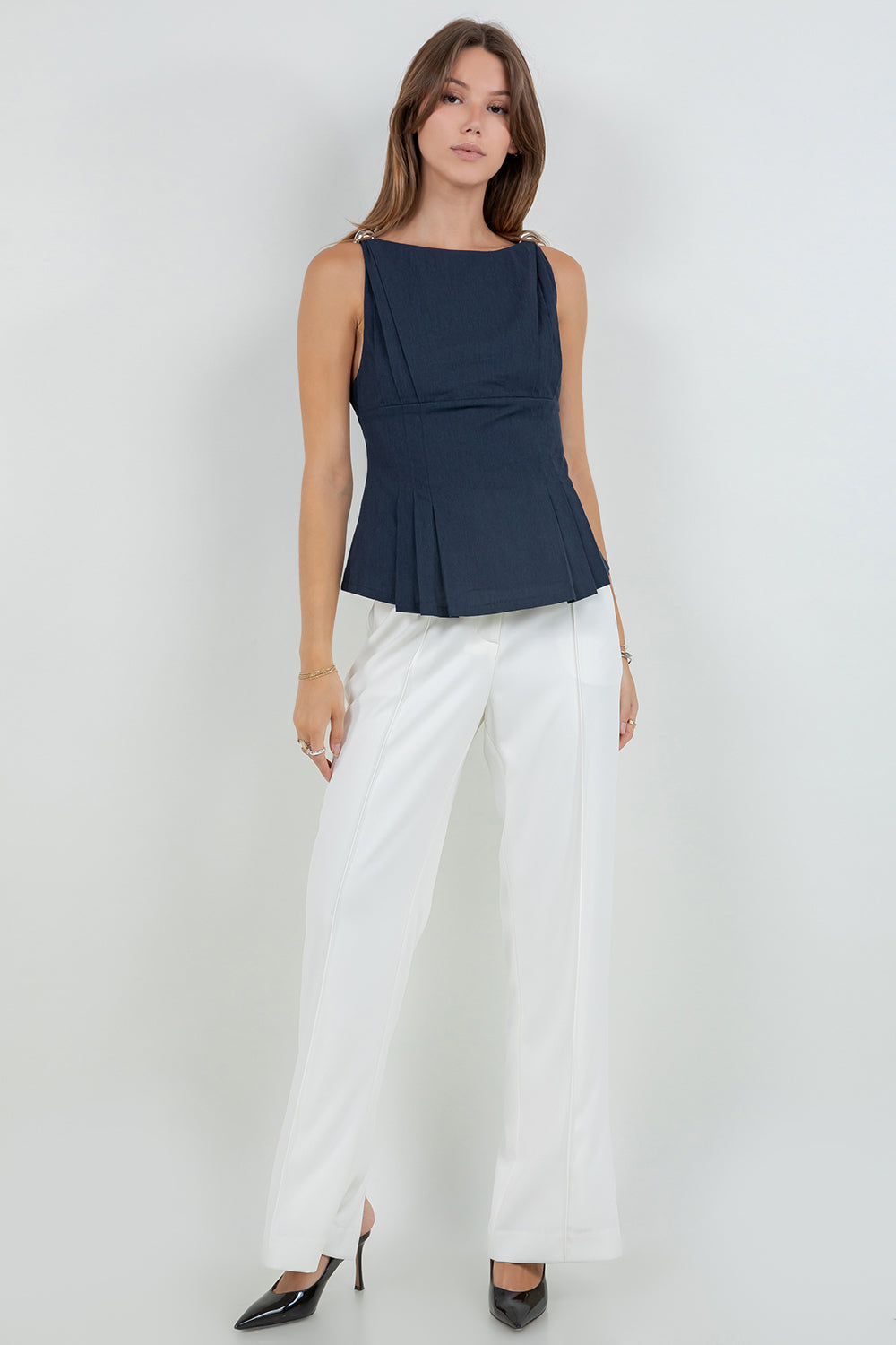 METALLIC ACCENT SOFT WOVEN SLEEVELESS BOUSE - NAVY - Whiteroom+Cactus