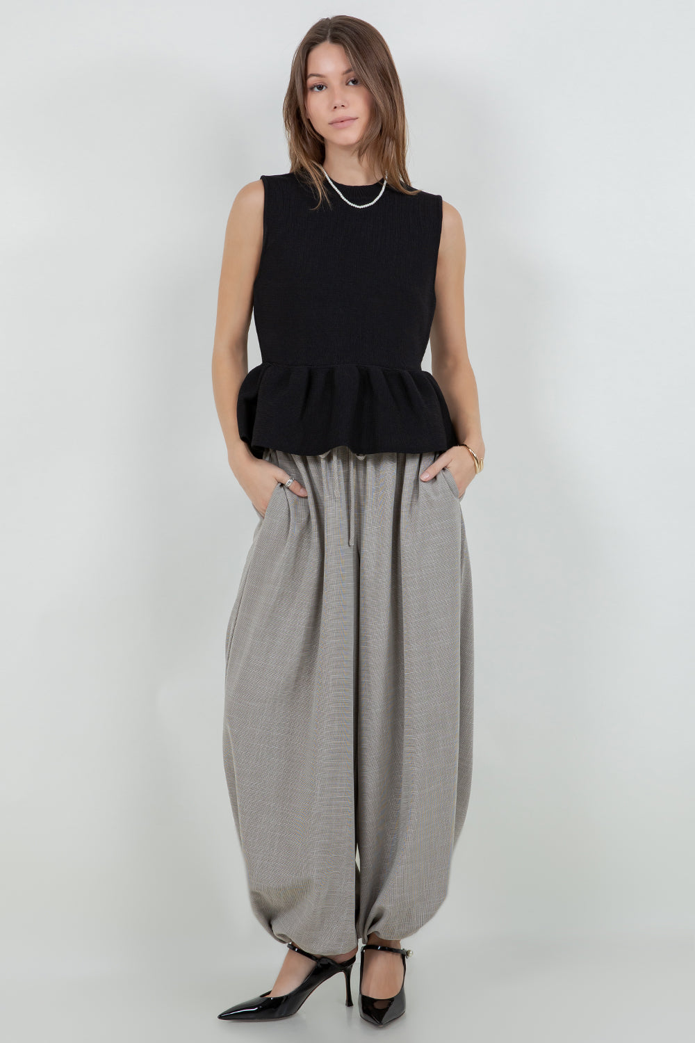 GINGHAM PRINT BALLOON GENIE PANTS WITH BOTTOM DRAWSTRING ADJUSTERS - Whiteroom+Cactus