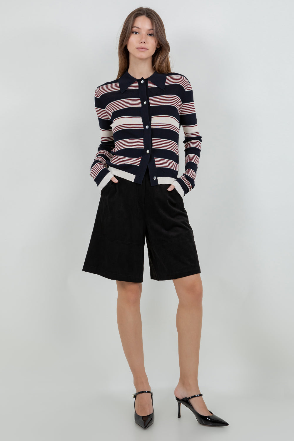 STRIPED LIGHTWEIGHT KNITTED CARDIGAN- NAVY/IVORY/WINE
