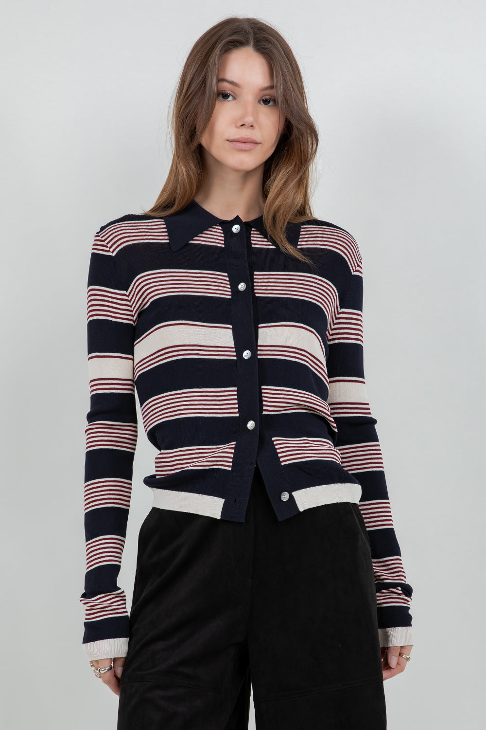 STRIPED LIGHTWEIGHT KNITTED CARDIGAN- NAVY/IVORY/WINE