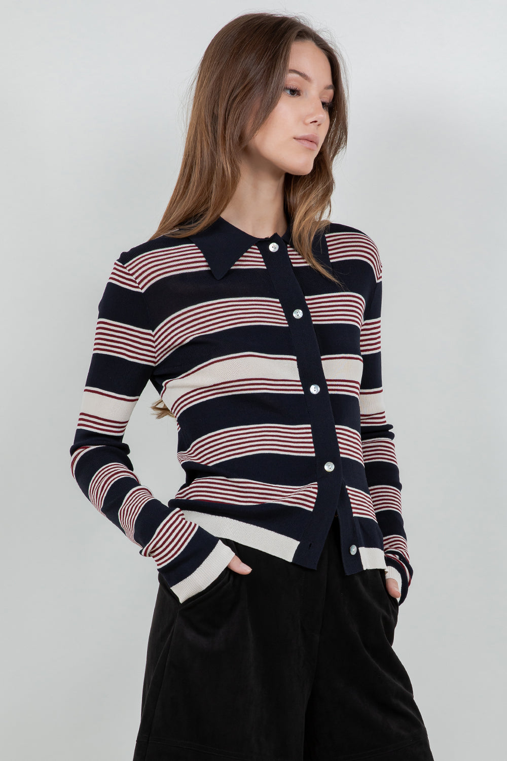 STRIPED LIGHTWEIGHT KNITTED CARDIGAN- NAVY/IVORY/WINE