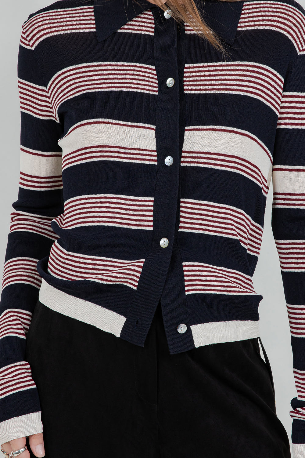 STRIPED LIGHTWEIGHT KNITTED CARDIGAN- NAVY/IVORY/WINE