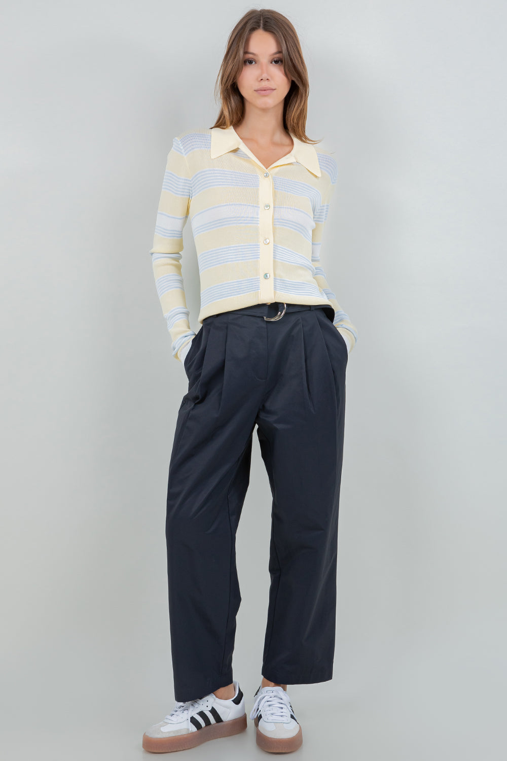 STRIPED LIGHTWEIGHT KNITTED CARDIGAN- LIGHT BLUE/WHITE/LEMON