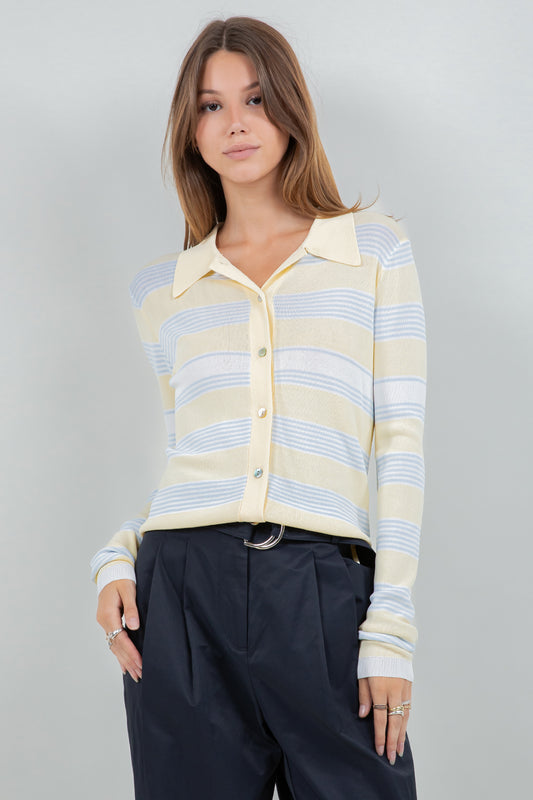 STRIPED LIGHTWEIGHT KNITTED CARDIGAN- LIGHT BLUE/WHITE/LEMON