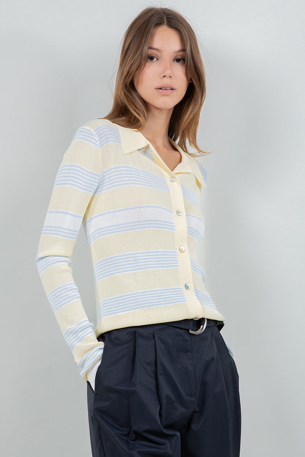 STRIPED LIGHTWEIGHT KNITTED CARDIGAN- LIGHT BLUE/WHITE/LEMON