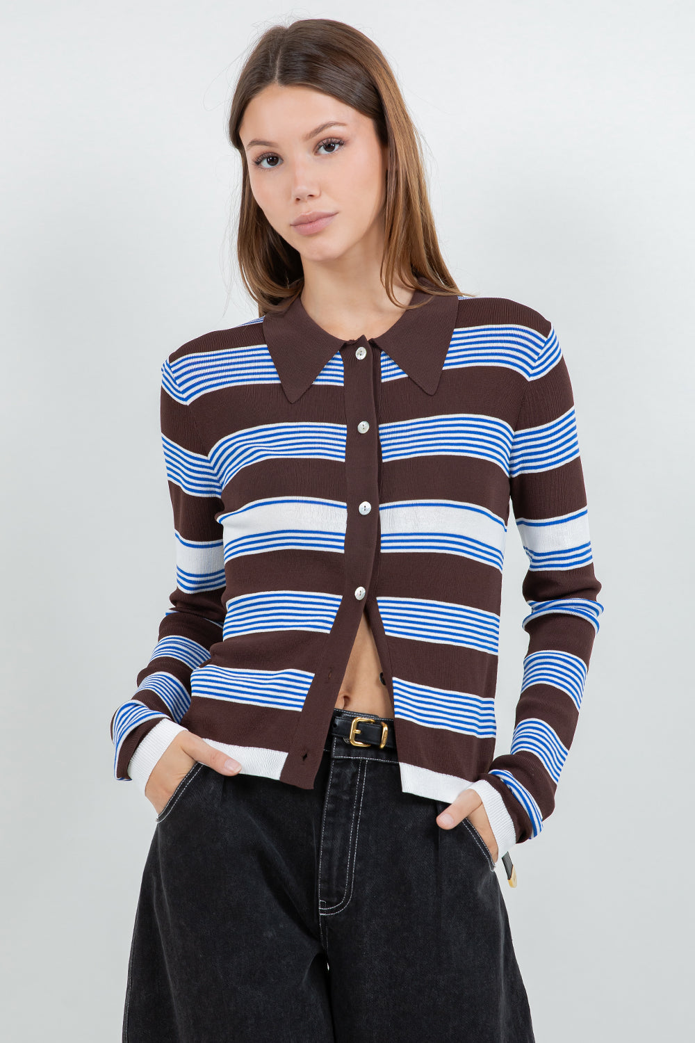 STRIPED LIGHTWEIGHT KNITTED CARDIGAN- BROWN/WHITE/BLUE