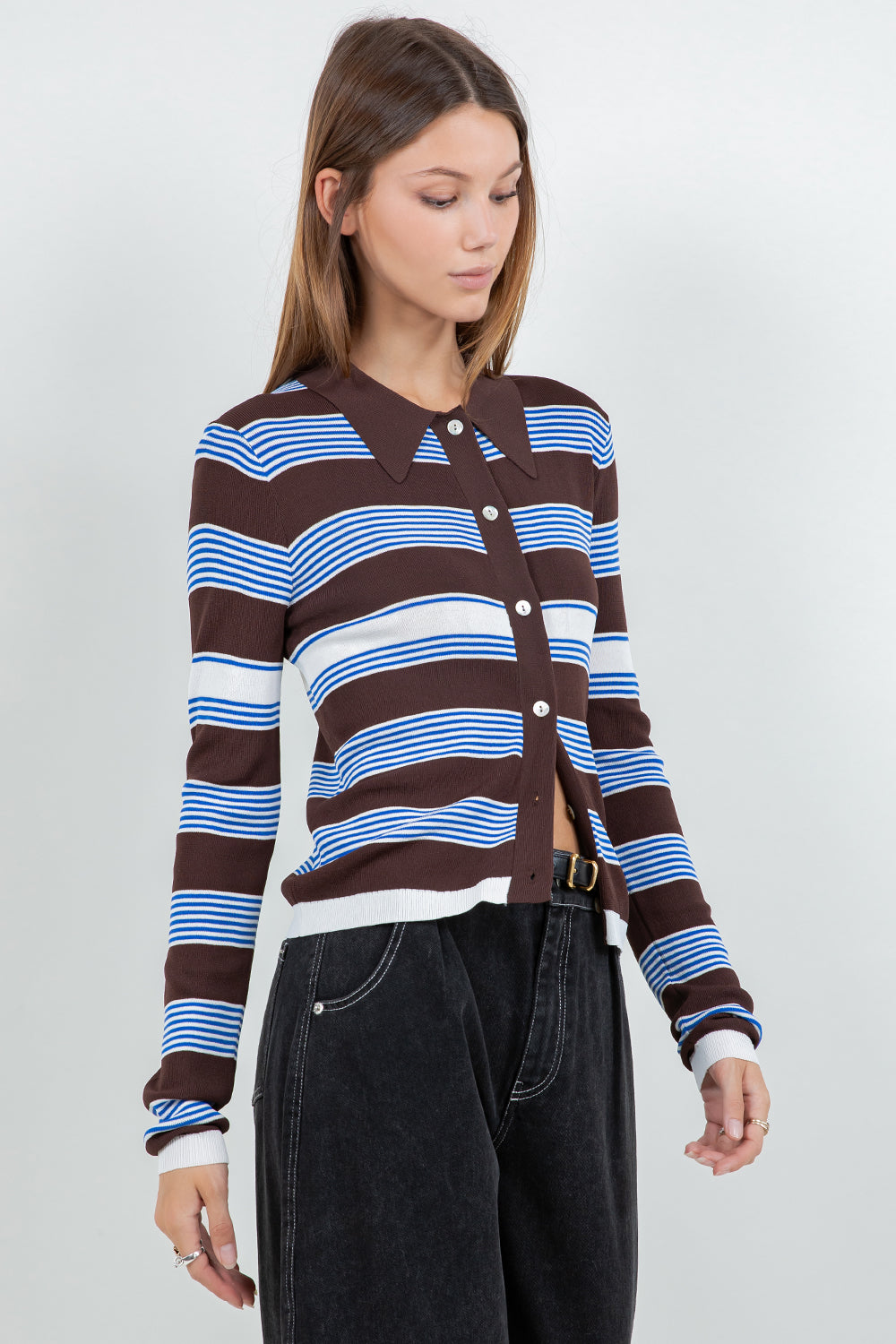 STRIPED LIGHTWEIGHT KNITTED CARDIGAN- BROWN/WHITE/BLUE
