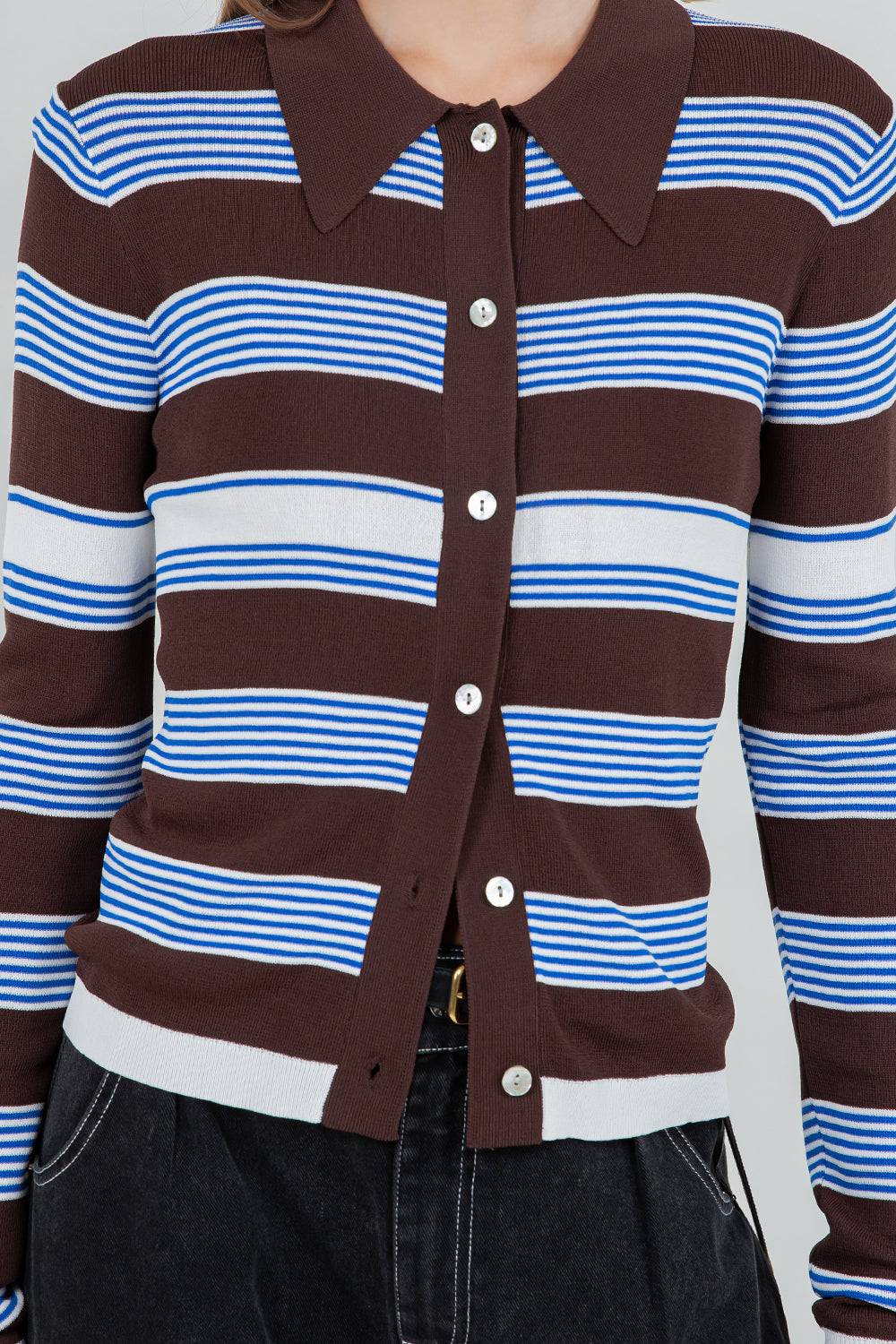 STRIPED LIGHTWEIGHT KNITTED CARDIGAN- BROWN/WHITE/BLUE