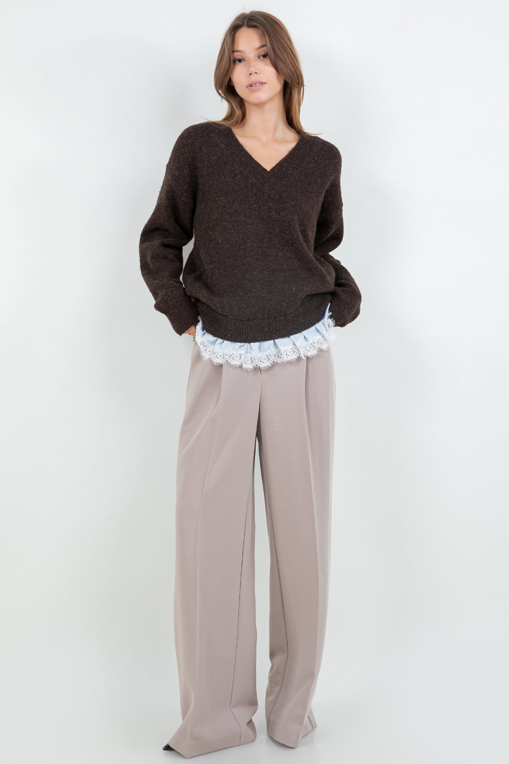 V-NECK KNITDOWN SWEATER WITH BOTTOM CONTRAST LACE RUFFLE - BROWN/SKY BLUE - Whiteroom+Cactus