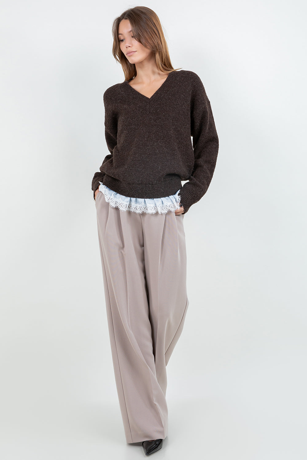 V-NECK KNITDOWN SWEATER WITH BOTTOM CONTRAST LACE RUFFLE - BROWN/SKY BLUE - Whiteroom+Cactus