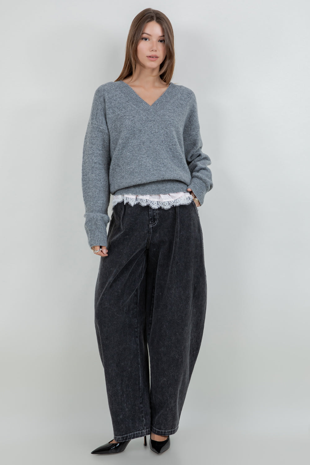 V-NECK KNITDOWN SWEATER WITH BOTTOM CONTRAST LACE RUFFLE - GREY/PINK - Whiteroom+Cactus