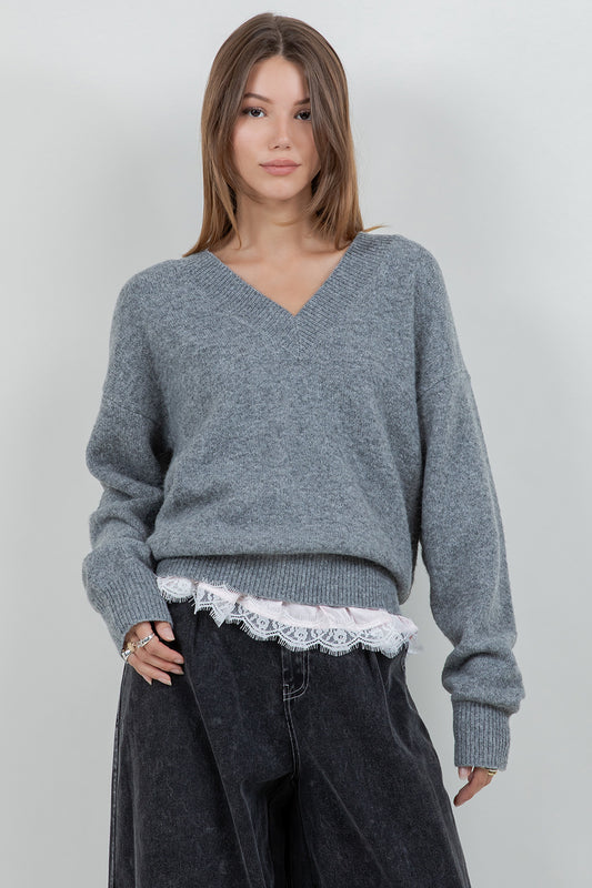 V-NECK KNITDOWN SWEATER WITH BOTTOM CONTRAST LACE RUFFLE - GREY/PINK - Whiteroom+Cactus