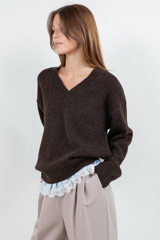 V-NECK KNITDOWN SWEATER WITH BOTTOM CONTRAST LACE RUFFLE - BROWN/SKY BLUE - Whiteroom+Cactus