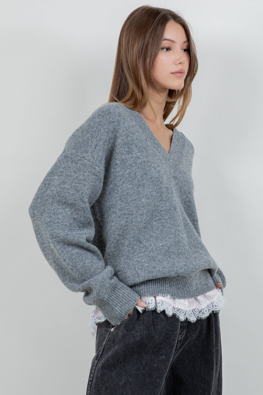 V-NECK KNITDOWN SWEATER WITH BOTTOM CONTRAST LACE RUFFLE - GREY/PINK - Whiteroom+Cactus