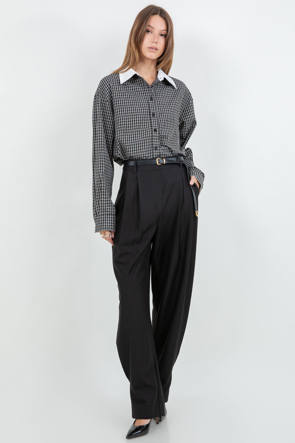 WOVEN PLAID BUTTON DOWN SHIRT WITH CONTRAST COLLAR - Whiteroom+Cactus