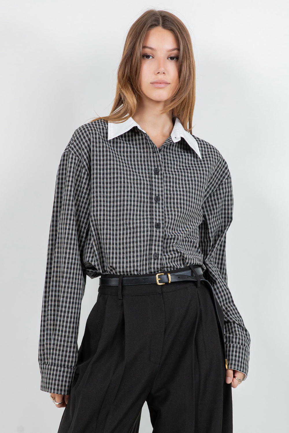 WOVEN PLAID BUTTON DOWN SHIRT WITH CONTRAST COLLAR - Whiteroom+Cactus