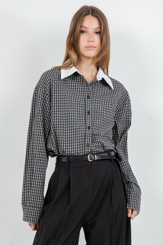 WOVEN PLAID BUTTON DOWN SHIRT WITH CONTRAST COLLAR - Whiteroom+Cactus
