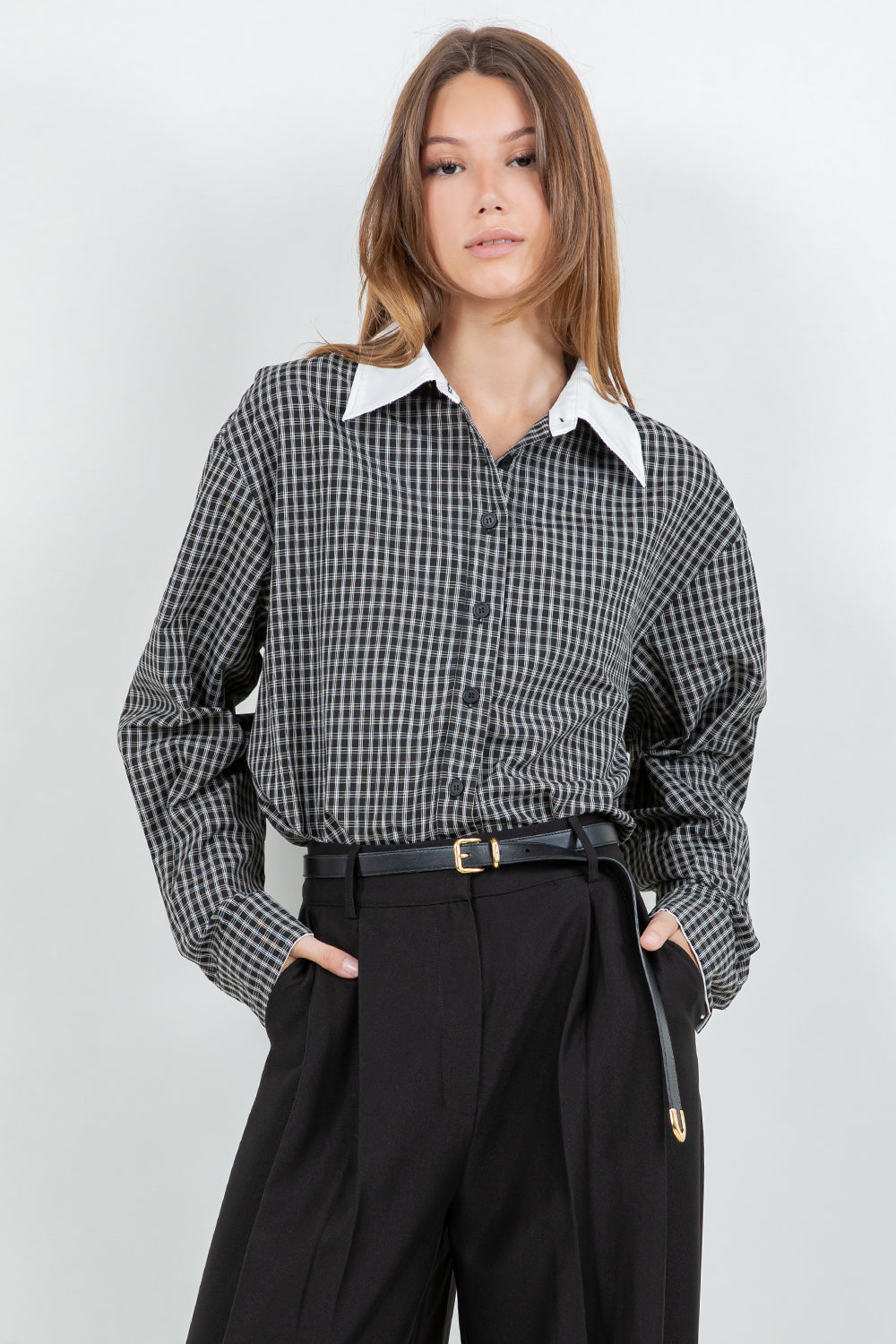 WOVEN PLAID BUTTON DOWN SHIRT WITH CONTRAST COLLAR - Whiteroom+Cactus