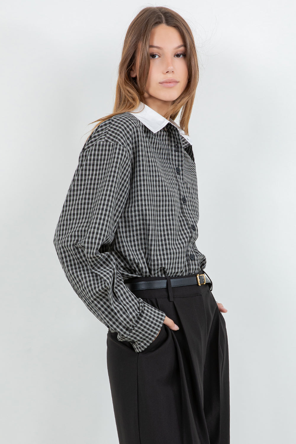 WOVEN PLAID BUTTON DOWN SHIRT WITH CONTRAST COLLAR - Whiteroom+Cactus
