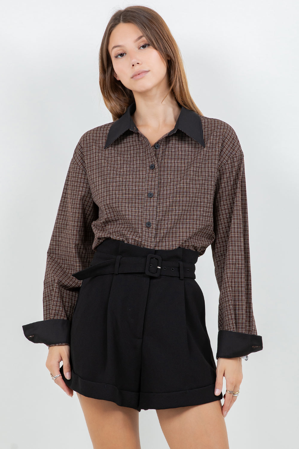WOVEN PLAID BUTTON DOWN SHIRT WITH CONTRAST COLLAR - Whiteroom+Cactus