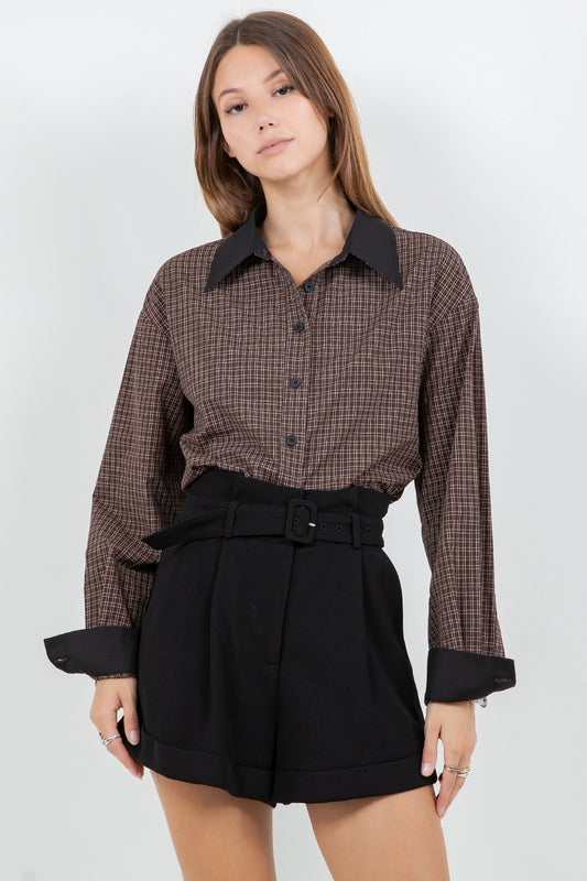 WOVEN PLAID BUTTON DOWN SHIRT WITH CONTRAST COLLAR - Whiteroom+Cactus