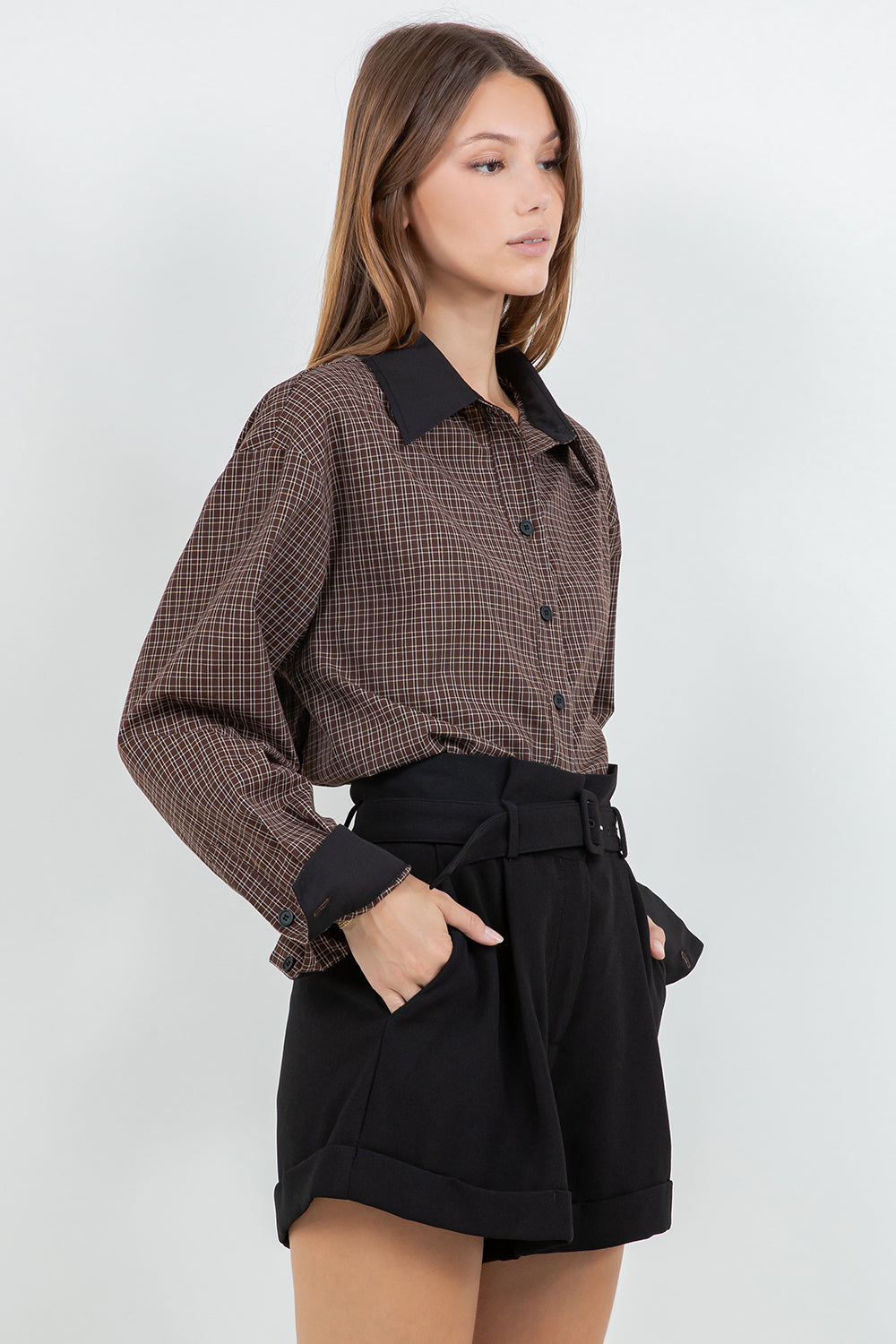 WOVEN PLAID BUTTON DOWN SHIRT WITH CONTRAST COLLAR - Whiteroom+Cactus