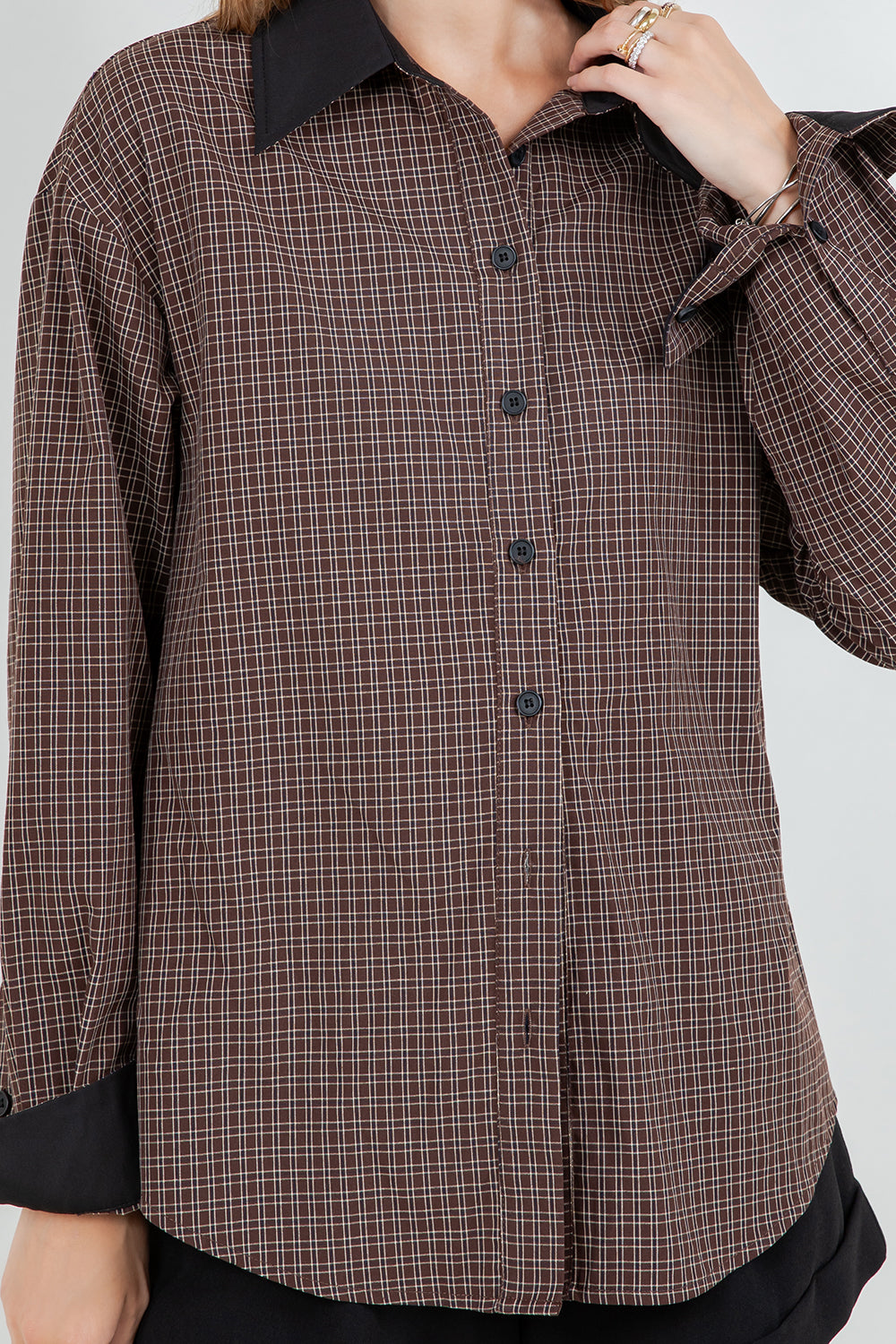 WOVEN PLAID BUTTON DOWN SHIRT WITH CONTRAST COLLAR - Whiteroom+Cactus