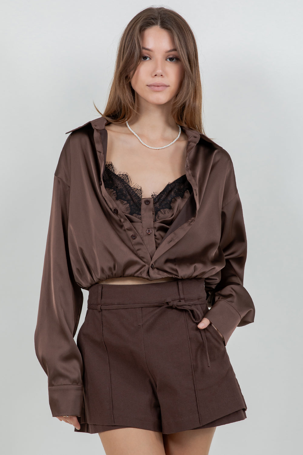 DOUBLE LAYER CAMI + BUTTON UP SATIN SHIRT WITH LACE ACCENT