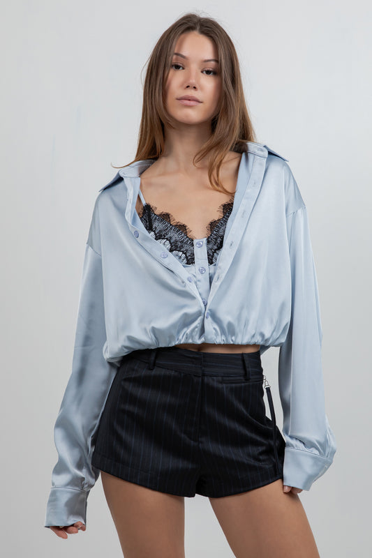 DOUBLE LAYER CAMI + BUTTON UP SATIN SHIRT WITH LACE ACCENT