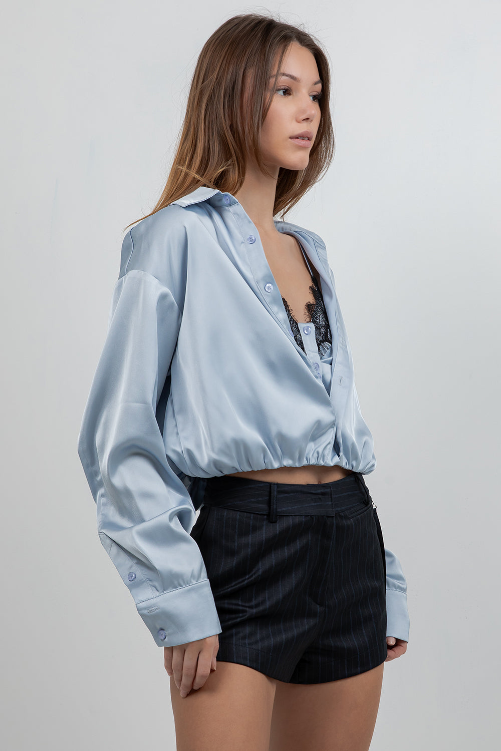 DOUBLE LAYER CAMI + BUTTON UP SATIN SHIRT WITH LACE ACCENT