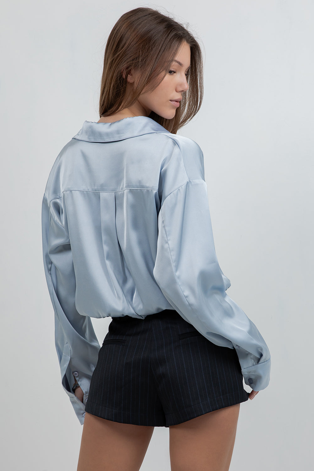 DOUBLE LAYER CAMI + BUTTON UP SATIN SHIRT WITH LACE ACCENT