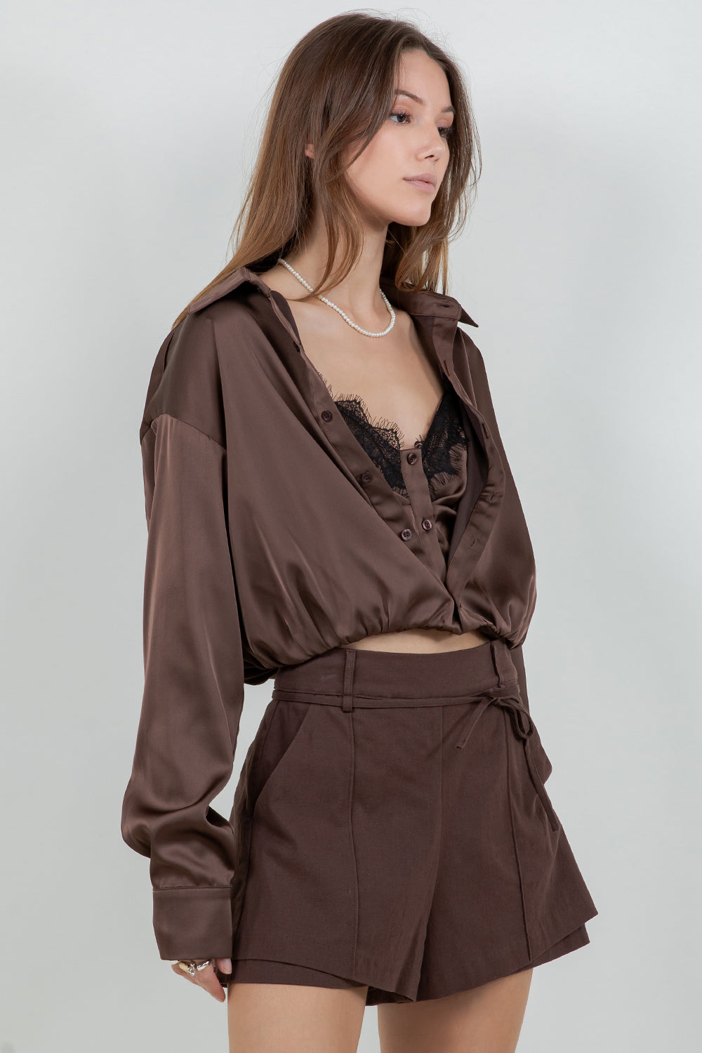DOUBLE LAYER CAMI + BUTTON UP SATIN SHIRT WITH LACE ACCENT