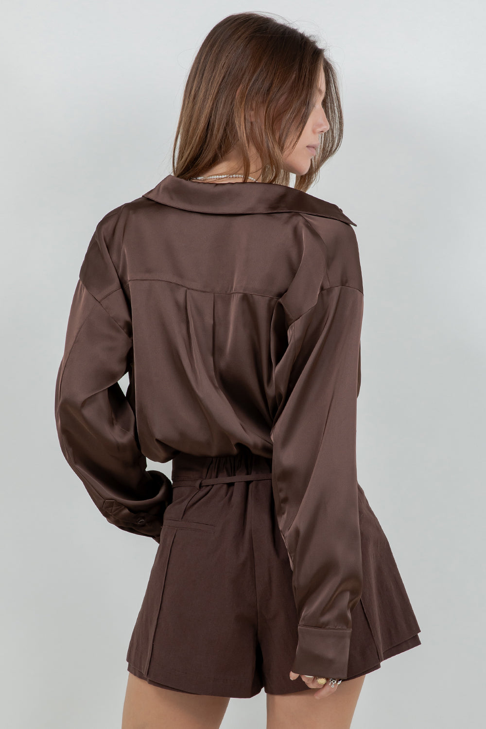 DOUBLE LAYER CAMI + BUTTON UP SATIN SHIRT WITH LACE ACCENT