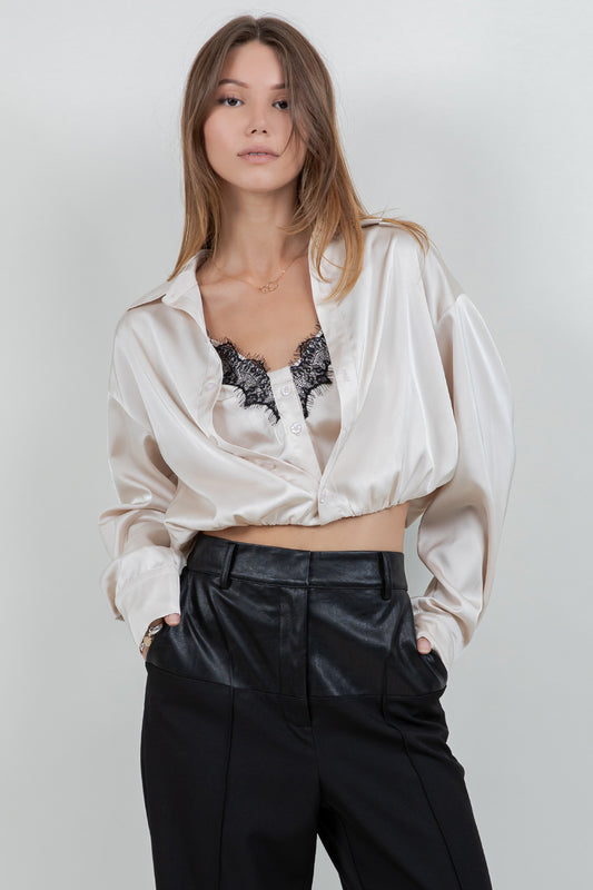 DOUBLE LAYER CAMI + BUTTON UP SATIN SHIRT WITH LACE ACCENT (Copy) - Whiteroom+Cactus