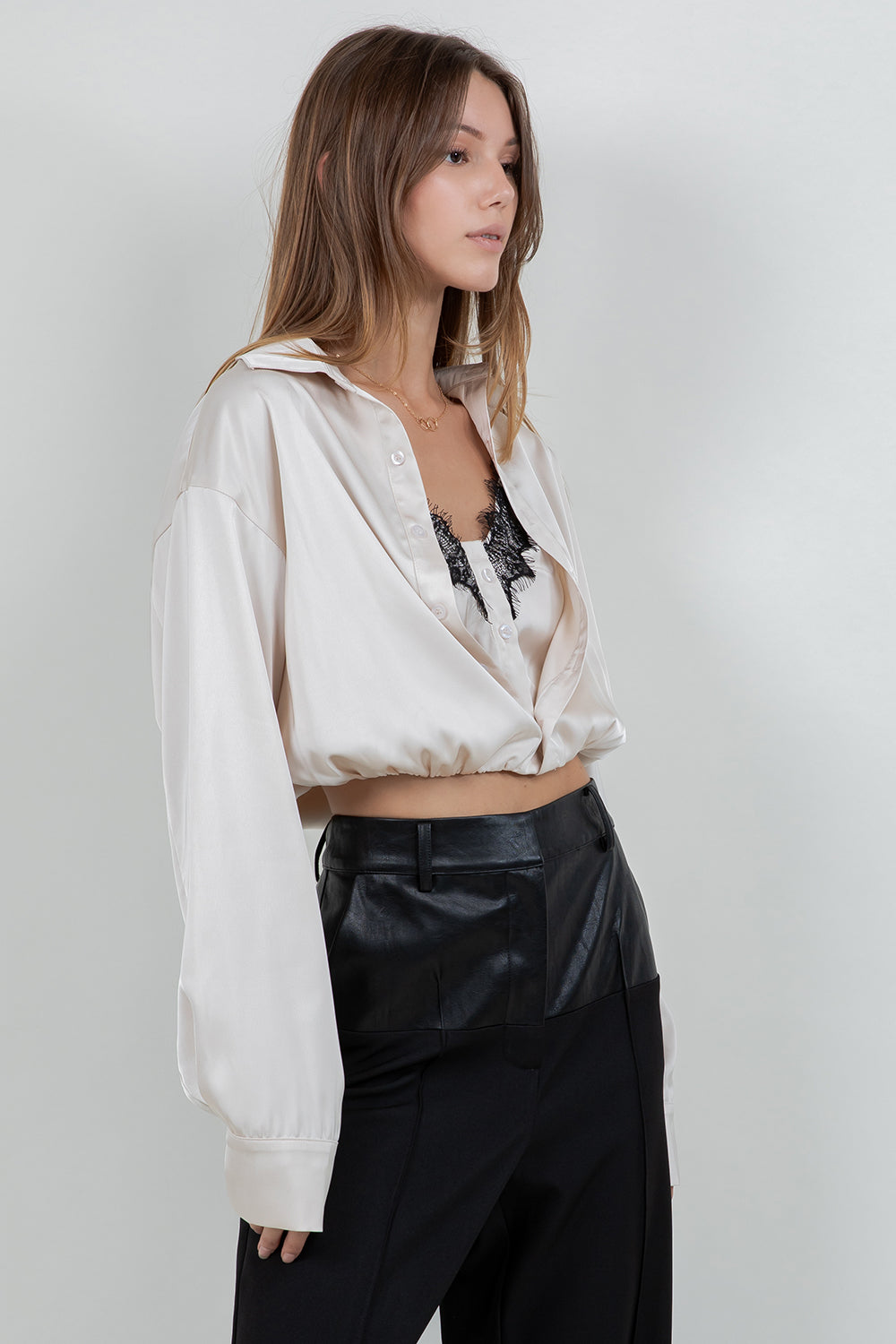 DOUBLE LAYER CAMI + BUTTON UP SATIN SHIRT WITH LACE ACCENT (Copy) - Whiteroom+Cactus