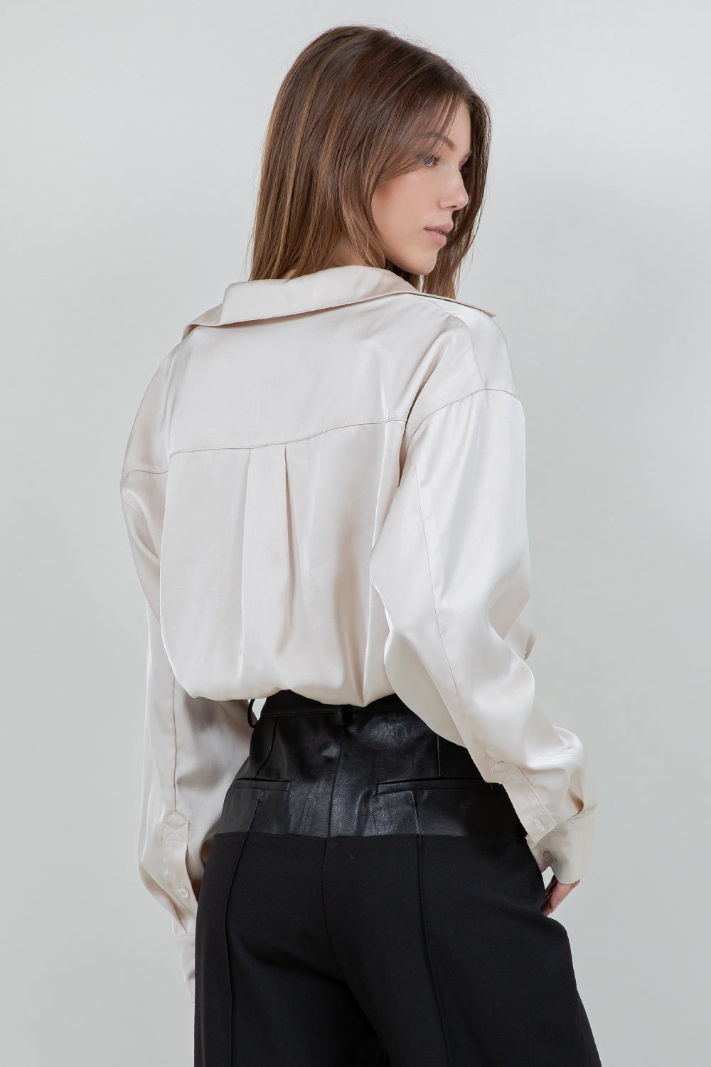 DOUBLE LAYER CAMI + BUTTON UP SATIN SHIRT WITH LACE ACCENT (Copy) - Whiteroom+Cactus