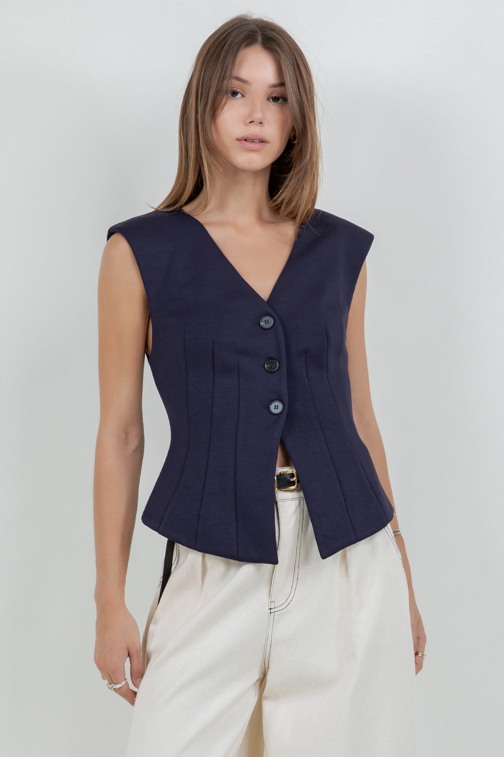 STRETCH PONTE KNIT FITTED BUTTON DOWN VEST - NAVY