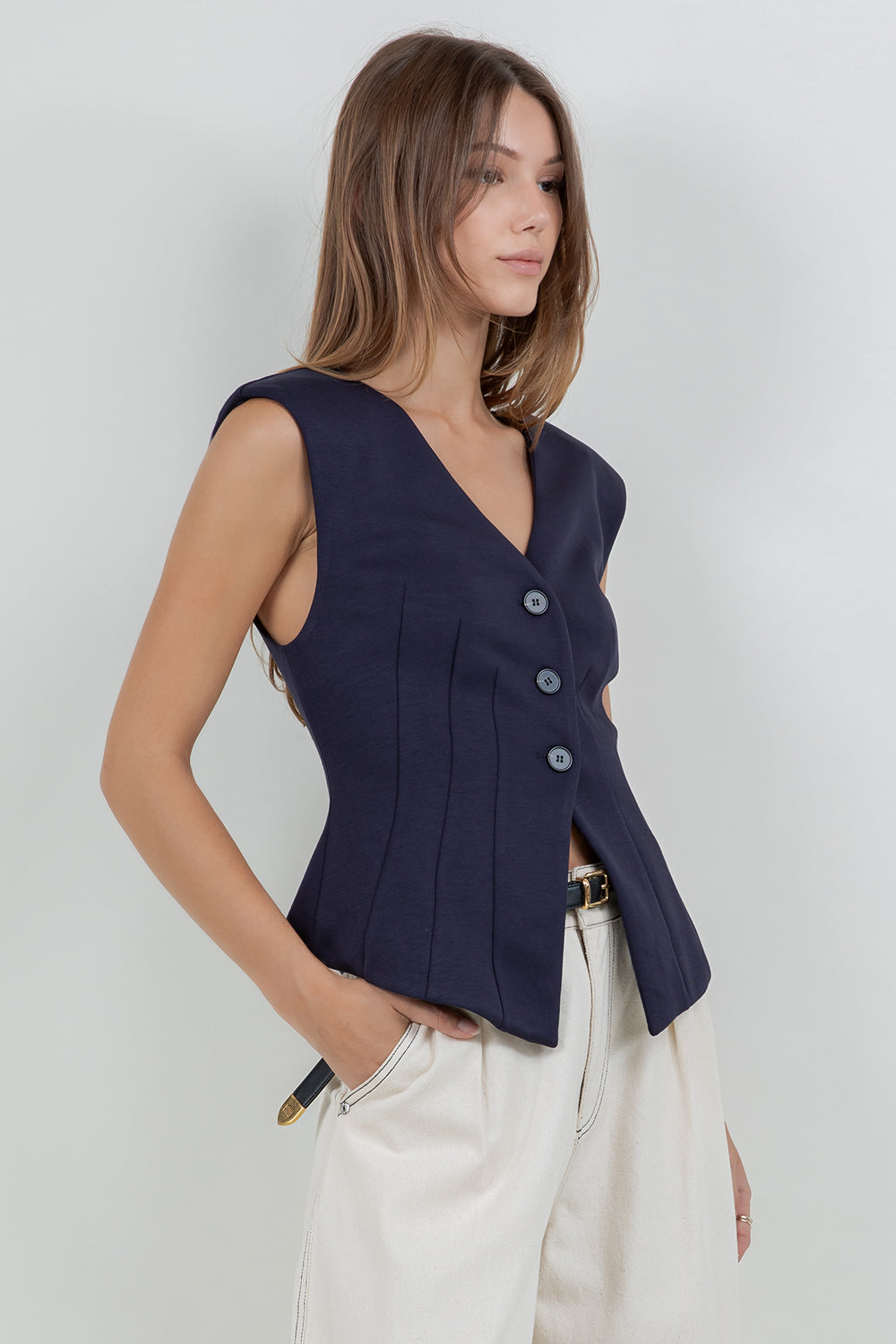 STRETCH PONTE KNIT FITTED BUTTON DOWN VEST - NAVY