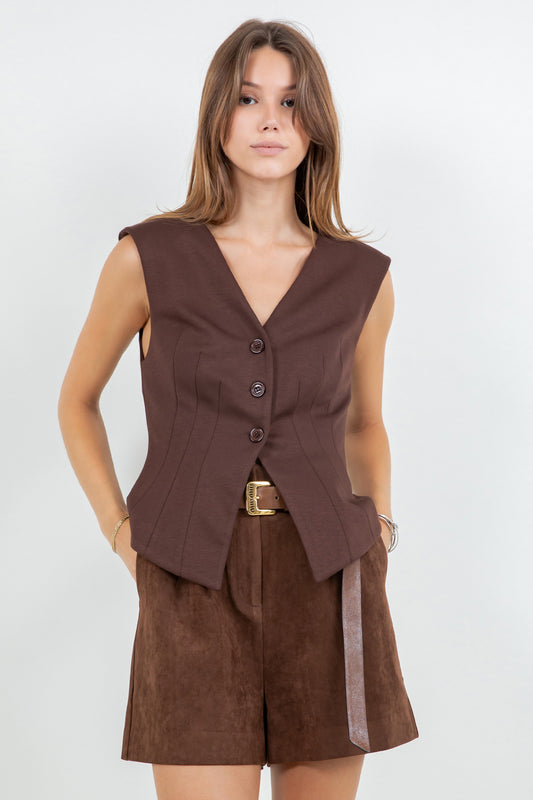 STRETCH PONTE KNIT FITTED BUTTON DOWN VEST - BROWN - Whiteroom+Cactus