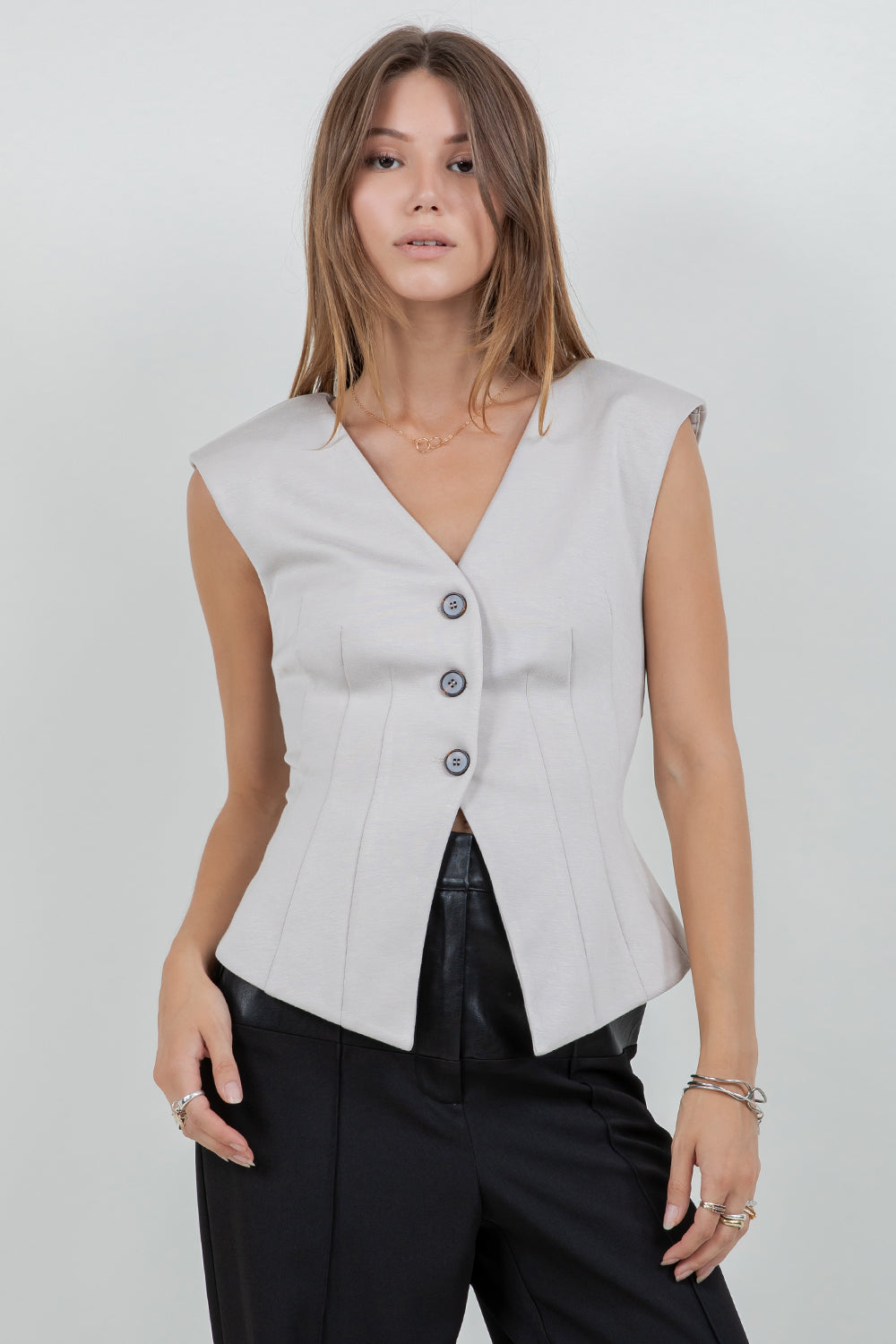 STRETCH PONTE KNIT FITTED BUTTON DOWN VEST - STONE
