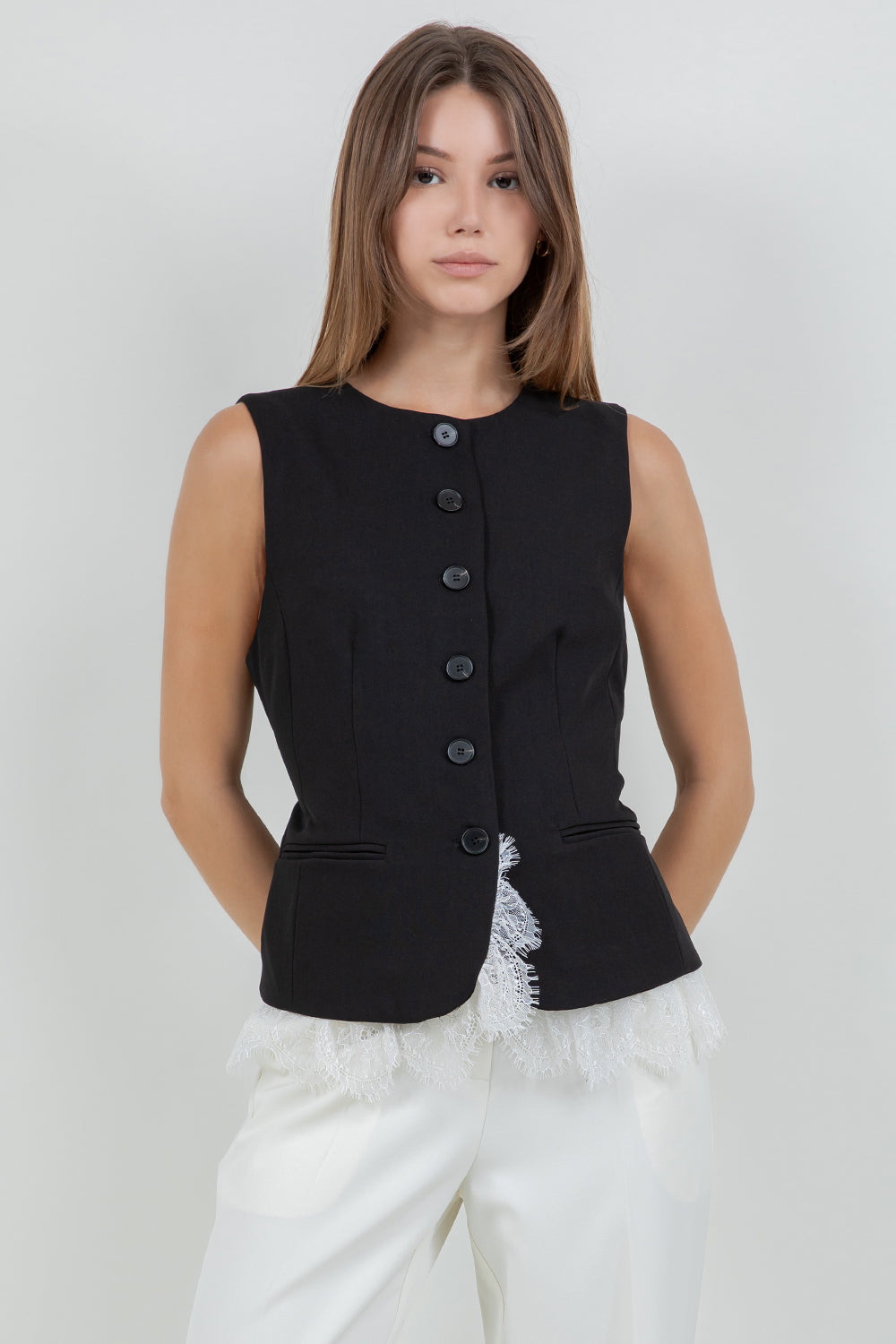 SOFT WOVEN STRUCTURED VEST WITH CONTRAST BOTTOM LACE - BLACK