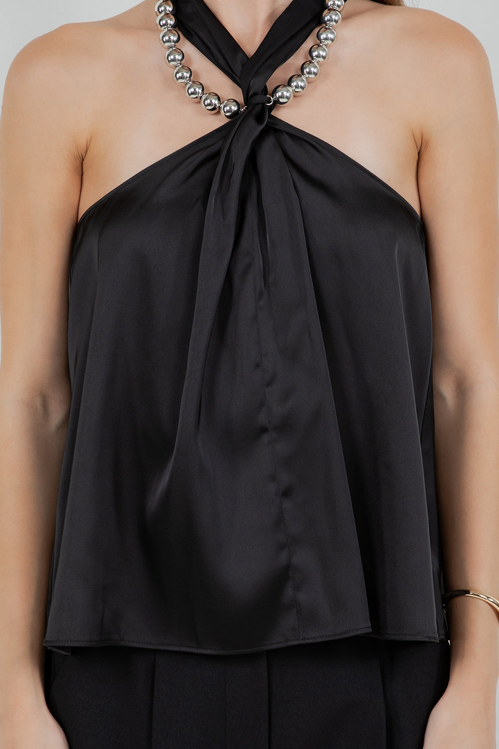 HALTER NECK SATIN TANK TOP WITH METALLIC SILVER BEADING ACCENT