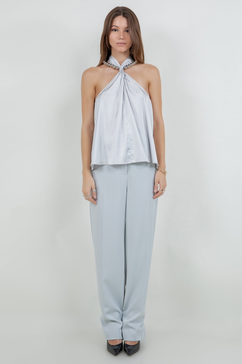 HALTER NECK SATIN TANK TOP WITH METALLIC SILVER BEADING ACCENT