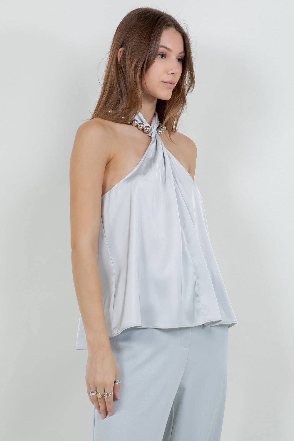 HALTER NECK SATIN TANK TOP WITH METALLIC SILVER BEADING ACCENT