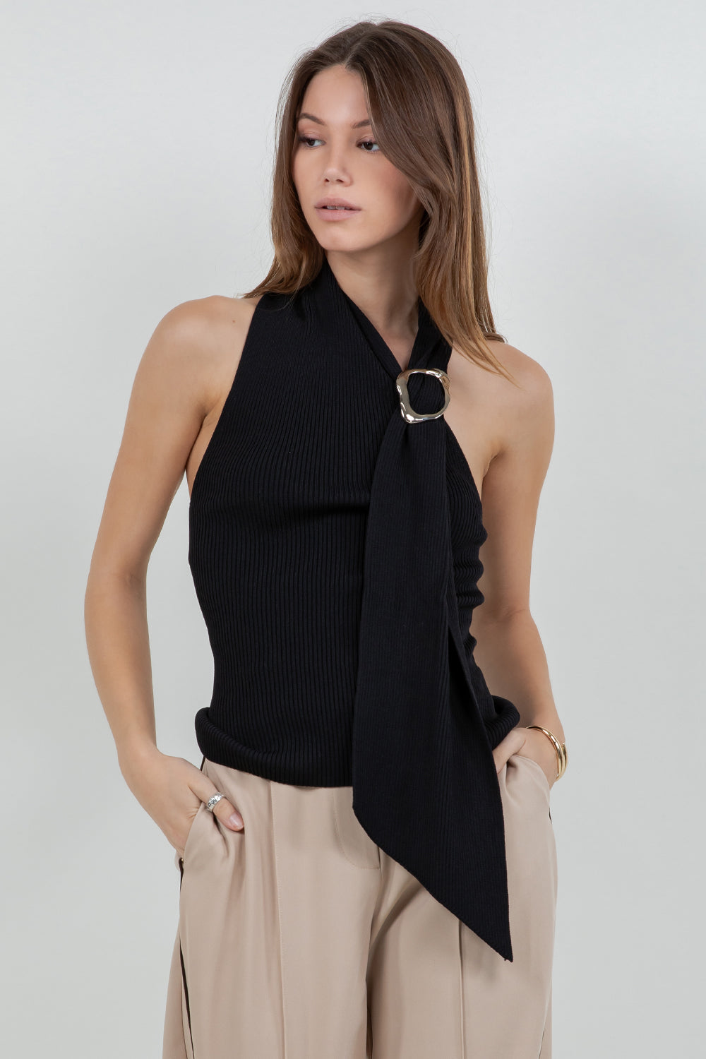 KNITTED ONE SHOULDER SCARF TOP - BLACK