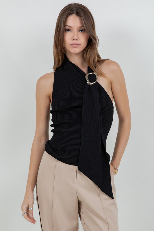 KNITTED ONE SHOULDER SCARF TOP - BLACK