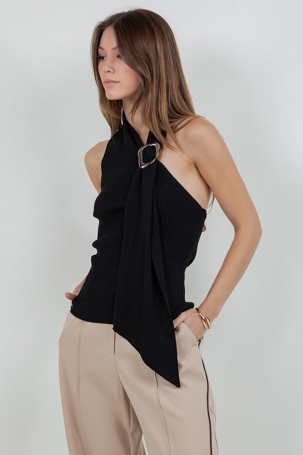 KNITTED ONE SHOULDER SCARF TOP - BLACK
