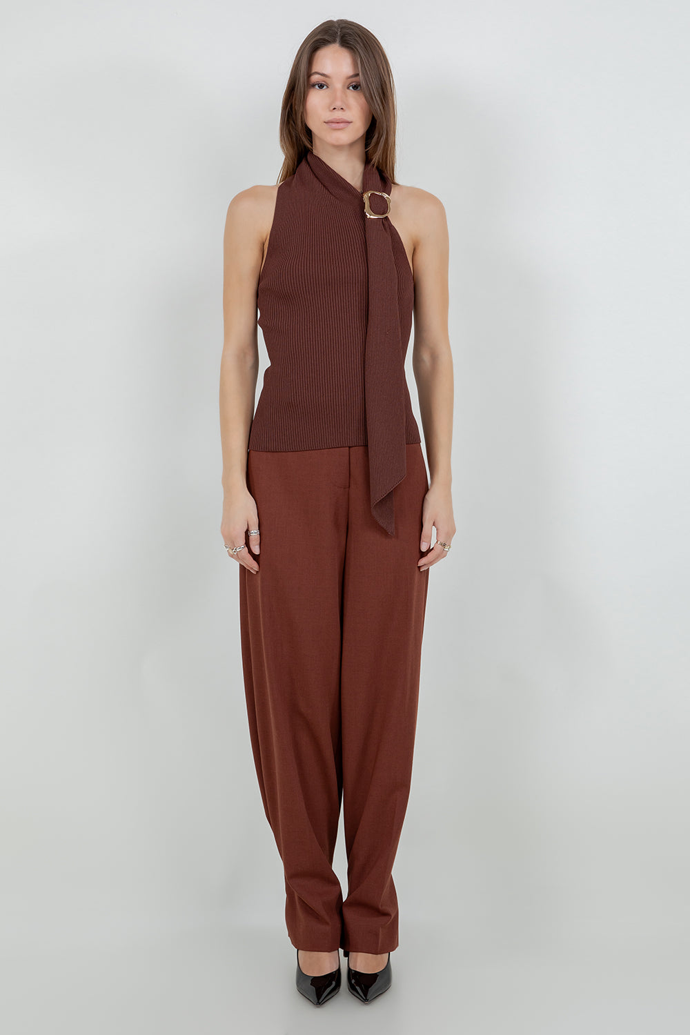 KNITTED ONE SHOULDER SCARF TOP - BROWN - Whiteroom+Cactus