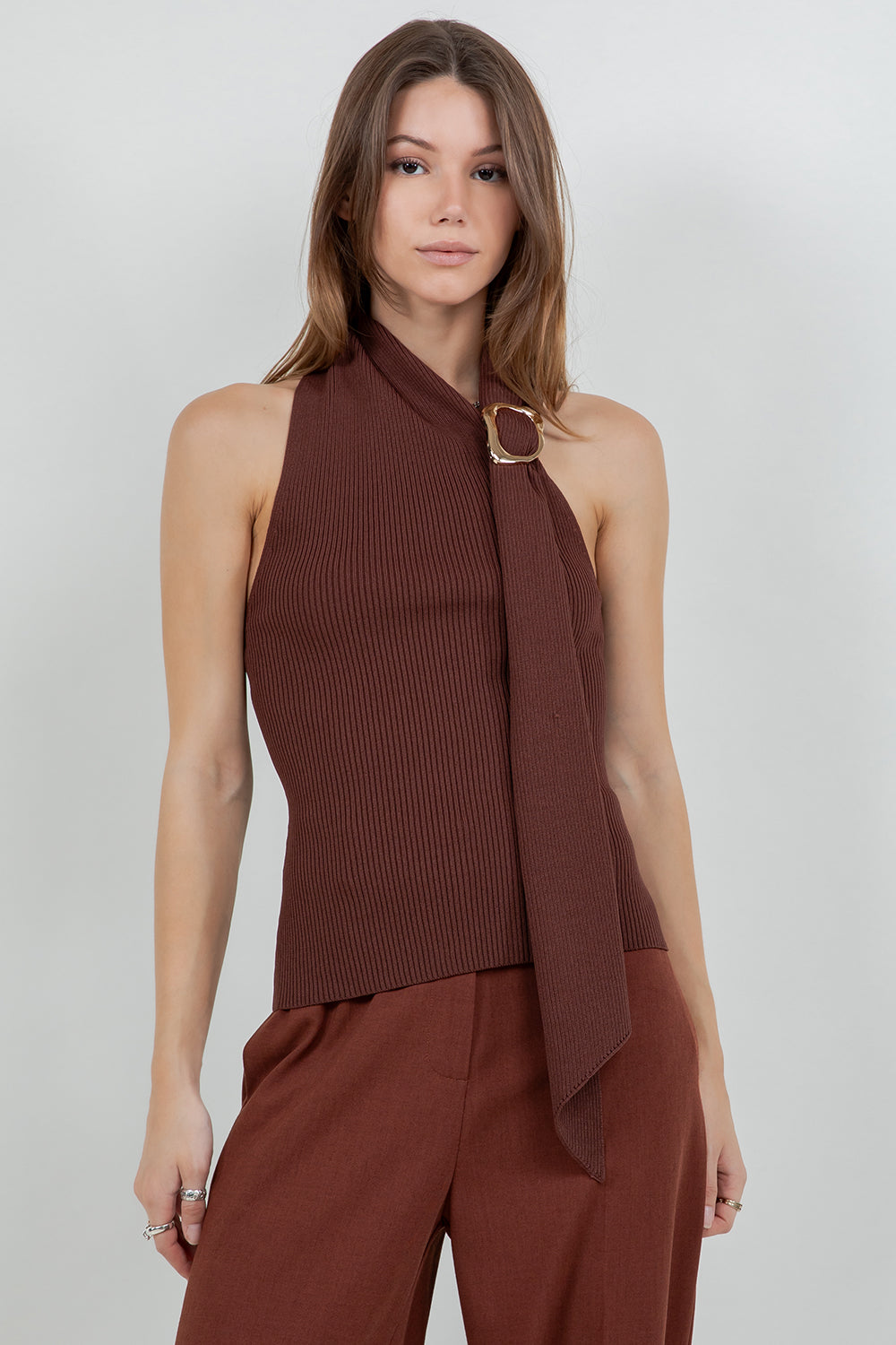 KNITTED ONE SHOULDER SCARF TOP - BROWN - Whiteroom+Cactus
